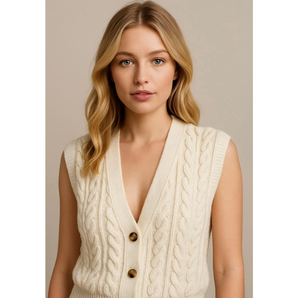 Womens Carriage Court Cream Cable Knit Sleeveless Cardigan Sm Cottagecore Preppy